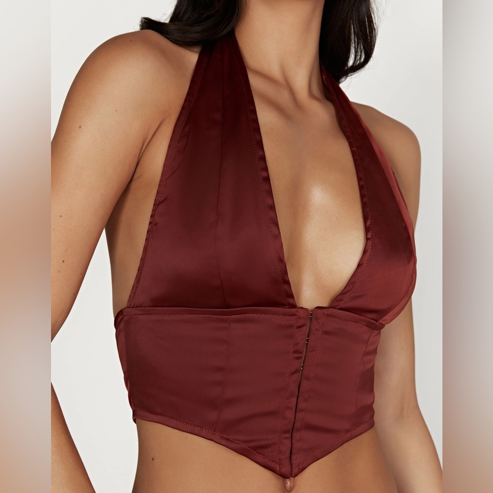 MESHKI | Mallory Satin Corset Top | Cherry Chocolate